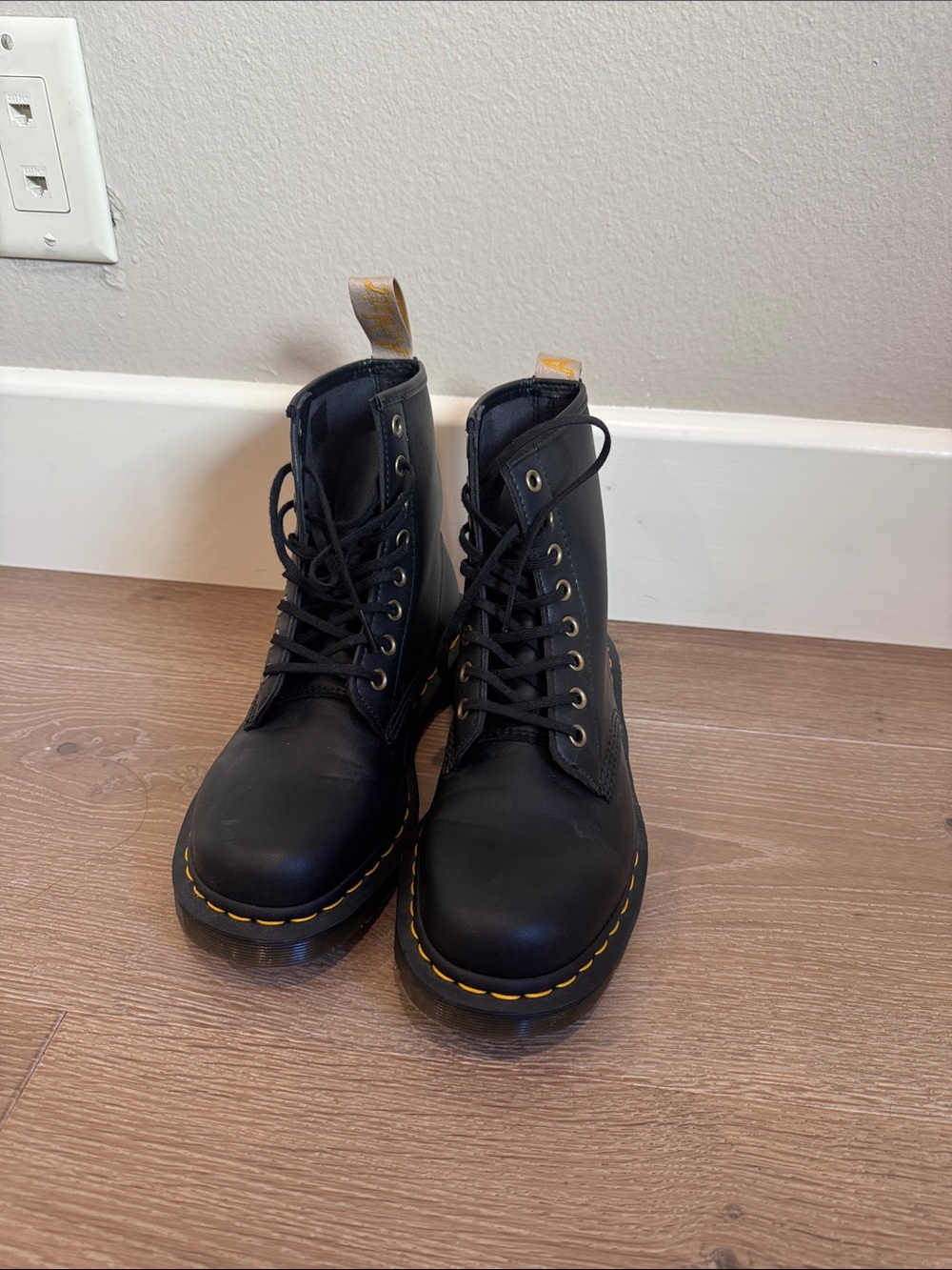 Doc Martens Black Lace-Up Womens Combat Boots with Yellow Stitching